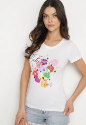 Biało-Niebieski T-shirt z Bawełny z Ozdobnym Nadrukiem Zaromeira. Białe t-shirty damskie Born2be, l, bez wzorów, z bawełny, bez kołnierzyka. Za 29.99 zł.