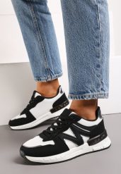 Czarno-Białe Sznurowane Sneakersy z Siateczkowymi Wstawkami Garnela. Czarne obuwie sportowe damskie Born2be, z materiału, bez zapięcia. Za 89.99 zł.