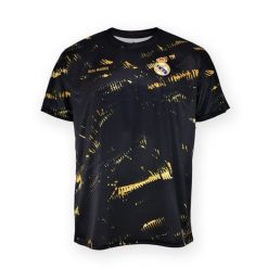 Czarno-złota koszulka treningowa Real Madryt. Czarne koszulki sportowe damskie REAL MADRID, bez wzorów, bez ramiączek, do piłki nożnej. Za 166.90 zł.