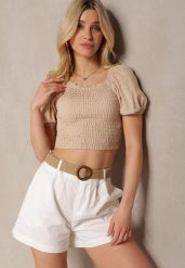 Białe Szorty z Bawełny High Waist o Kroju Bermudów Zapinane na Zamek Błyskawiczny i Guzik z Plecionym Paskiem z Klamrą Iannestra. Białe szorty damskie Renee, bez wzorów, z bawełny, z podwyższonym stanem. Za 89.99 zł.