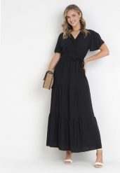 Czarna Rozkloszowana Sukienka Maxi z Wiązanym Paskiem Japhelia. Czarne sukienki damskie Born2be, bez wzorów, z materiału, klasyczne, bez ramiączek. Za 119.99 zł.