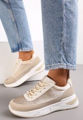 Beżowe Sneakersy z Drobnymi Cyrkoniami Hinekle. Brązowe obuwie sportowe damskie Renee, bez zapięcia. Za 59.99 zł.