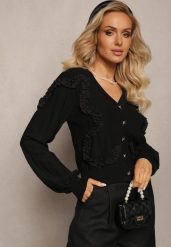 Czarny Kardigan Zapinany z Ozdobnymi Falbankami Diselda. Czarne kardigany damskie Renee, bez wzorów. Za 129.99 zł.