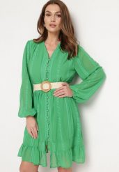 Zielona Sukienka Nesilwyn. Zielone sukienki damskie Born2be, bez wzorów, z tkaniny, boho, bez ramiączek. Za 199.99 zł.
