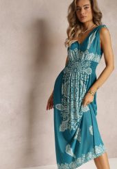 Zielona Długa Sukienka z Wzorem Boho Sznurkami na Ramionach i Gumką w Pasie Hideni. Zielone sukienki damskie Renee, bez wzorów, boho, bez ramiączek. W wyprzedaży za 55.99 zł.