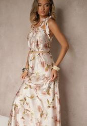 Beżowa Sukienka z Satyny w Kwiatowy Wzór Fenimea. Brązowe sukienki damskie Renee, bez wzorów, z satyny, eleganckie, bez ramiączek. W wyprzedaży za 143.99 zł.