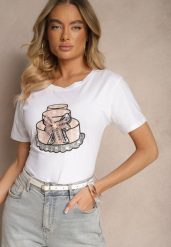 Biały Bawełniany T-shirt z Kokardą 3D i Nadrukiem Tortu Sanaviela. Białe t-shirty damskie Renee, l, bez wzorów, z bawełny, bez kołnierzyka. Za 39.99 zł.