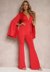 Czerwony Dopasowany Kombinezon z Rozkloszowanymi Rękawami i Głębokim Dekoltem Andrika. Czerwone sukienki damskie Renee, bez wzorów, eleganckie, bez ramiączek. W wyprzedaży za 111.99 zł.