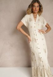 Beżowa Sukienka Koszulowa z Bawełną i Metaliczną Nicią Ullio. Brązowe sukienki damskie Renee, bez wzorów, z bawełny, eleganckie, bez ramiączek. W wyprzedaży za 119.99 zł.