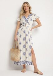 Niebieska Sukienka w Ornamentalny Wzór z Elastycznym Paskiem Tosvanna. Niebieskie sukienki damskie Born2be, z aplikacjami, eleganckie, bez ramiączek. Za 119.99 zł.