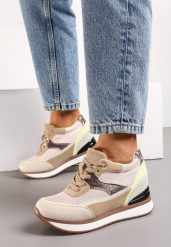Beżowe Sneakersy z Kolorowymi Wstawkami na Ukrytym Koturnie Eirlys. Brązowe obuwie sportowe damskie Born2be, bez zapięcia. Za 139.99 zł.