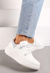 Białe Sznurowane Sneakersy na Tłoczonej Platformie Orasa. Białe obuwie sportowe damskie Born2be, z materiału, bez zapięcia. Za 84.99 zł.