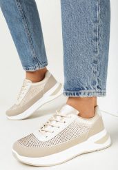 Beżowe Sneakersy z Cyrkoniami na Cholewce Diselva. Brązowe obuwie sportowe damskie Born2be, bez zapięcia. Za 69.99 zł.