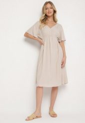 Beżowa Bawełniana Sukienka o Rozkloszowanym Fasonie Liranelle. Brązowe sukienki damskie Born2be, bez wzorów, z bawełny, eleganckie, bez ramiączek. Za 49.99 zł.