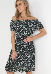 Czarna Bawełniana Sukienka Hiszpanka w Kwiaty z Marszczoną Gumką w Talii Rosaliya. Czarne sukienki damskie Born2be, bez wzorów, z bawełny, bez ramiączek. Za 89.99 zł.