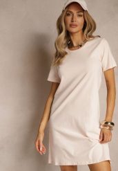 Jasnoróżowa Sukienka z Bawełny o T-shirtowym Fasonie Niliora. Czerwone sukienki damskie Renee, bez wzorów, z bawełny, eleganckie, bez ramiączek. W wyprzedaży za 31.99 zł.