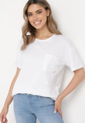Biały Bawełniany T-shirt o Klasycznym Fasonie z Kieszonką Asettia. Białe t-shirty damskie Born2be, m, z aplikacjami, z bawełny, bez kołnierzyka. Za 34.99 zł.