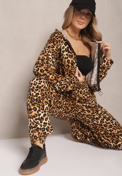 Jasnobrązowy Komplet Dresowy w Panterkowy Print Bluza i Spodnie o Szerokim Kroju Edilanea. Brązowe bluzy damskie Renee, m, bez wzorów, z bawełny, z kapturem. Za 79.99 zł.