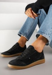 Czarne Sneakersy Tenisówki Ozdobione Cyrkoniami Amoiona. Czarne obuwie sportowe damskie Renee, z jeansu, bez zapięcia, tenisowe. Za 79.99 zł.
