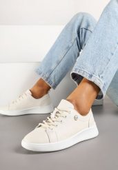 Beżowe Skórzane Sneakersy Zdobione Minimalistyczną Aplikacją Velotina. Brązowe obuwie sportowe damskie Renee, z jeansu, bez zapięcia. Za 159.99 zł.