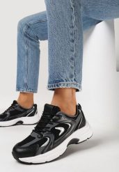 Czarne Sneakersy z Ekoskóry na Płaskiej Podeszwie ze Sznurowaniem i Tłoczeniami Fenrial. Czarne obuwie sportowe damskie Born2be, z jeansu, bez zapięcia. Za 119.99 zł.