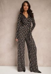 Czarny Kopertowy Kombinezon z Wiskozą z Szerokimi Nogawkami i Paskiem w Geometryczny Wzór Botavia. Brązowe sukienki damskie Renee, bez wzorów, z materiału, eleganckie, bez ramiączek. W wyprzedaży za 119.99 zł.
