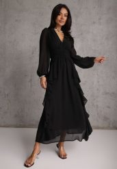 Czarna Rustykalna Sukienka Wieczorowa z Falbanami i Marszczeniem w Talii Himereanes. Czarne sukienki damskie Renee, z aplikacjami, z materiału, wizytowe, bez ramiączek. Za 199.99 zł.