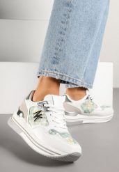 Biało-Zielone Sneakersy z Metaliczną Aplikacją Divisca. Białe obuwie sportowe damskie Born2be, z jeansu, bez zapięcia. Za 99.99 zł.