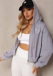 Szara Bluza Rozpinana z Wyszytą Emotką i Kapturem Cornoria. Szare bluzy damskie Renee, l, bez wzorów, z dzianiny. Za 49.99 zł.