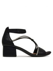 Rieker Sandały 64654-00 Czarny. Czarne sandały damskie Rieker, bez wzorów, z materiału, bez obcasa, na słupku, bez zapięcia. Za 319.99 zł.