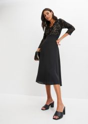 Sukienka szyfonowa z koronką. Czarne sukienki damskie bonprix, bez wzorów, z koronki, eleganckie, bez ramiączek. Za 179.99 zł.