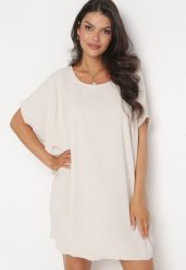 Beżowa Mini Sukienka z Krótkim Rękawem o Fasonie Nietoperza Kharson. Brązowe sukienki damskie Born2be, bez wzorów, boho, bez ramiączek. Za 79.99 zł.