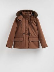 Kurtka parka z kapturem - brązowy. Brązowe parki damskie Reserved, l, z tkaniny, z kapturem. Za 399.99 zł.