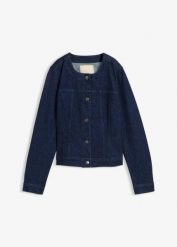 Kurtka dżinsowa ze sztrasami. Niebieskie kurtki damskie bonprix, bez wzorów, bez kaptura. Za 139.99 zł.