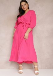 Różowa Kopertowa Sukienka z Gumką i Paskiem w Talii Zdobiona Plisowaniem Kaylina. Czerwone sukienki damskie Renee, z aplikacjami, bez ramiączek. Za 79.99 zł.