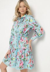 Niebieska Koszulowa Sukienka ze Stójką i Falbanką Madalyn. Niebieskie sukienki damskie Born2be, bez wzorów, z koronki, bez ramiączek. Za 139.99 zł.