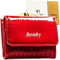 Mały, czerwony portfel damski ze skóry naturalnej z systemem RFID RH-32-1-RS Rovicky. Czerwone portfele damskie ROVICKY, bez wzorów, z lakierowanej skóry. Za 99.00 zł.