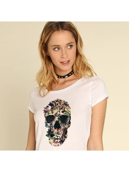 WOOOP Koszulka "Vintage Skull" w kolorze białym rozmiar: L. Białe bluzki damskie Wooop, l, bez wzorów, z bawełny, bez kołnierzyka, bez ramiączek. Za 56.93 zł.