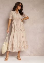Beżowa Haftowana Sukienka Bawełniana ze Ściągaczem w Talii Ineryna. Brązowe sukienki damskie Renee, bez wzorów, z bawełny, boho, bez ramiączek. W wyprzedaży za 167.99 zł.