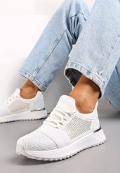 Srebrne Sneakersy Ozdobione Siateczką i Brokatem oraz Siateczką na Grubej Podeszwie Celandria. Białe obuwie sportowe damskie Renee, z jeansu, bez zapięcia. Za 59.99 zł.