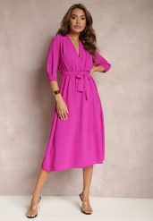 Fuksjowa Sukienka Canopis. Czerwone sukienki damskie Renee, bez wzorów, z materiału, eleganckie, bez ramiączek. W wyprzedaży za 75.99 zł.