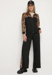 Czarny Komplet Dresowy Bluza ze Stójką i Szerokie Spodnie w Panterkę Savorre. Czarne bluzy damskie Born2be, l, bez wzorów, z dresówki, bez kaptura. Za 79.99 zł.