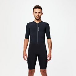Kombinezon triathlonowy Van Rysel Trifonction aerodynamiczny na długi dystans. Czarne kombinezony damskie VAN RYSEL, xl, bez wzorów, z materiału, sportowe, bez kołnierzyka, bez ramiączek, długie. Za 929.99 zł.