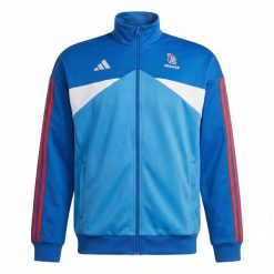 Kurtka dresowa damska Francja 2026/27. Niebieskie kurtki damskie Adidas, bez wzorów, z dresówki, bez kaptura. Za 349.50 zł.