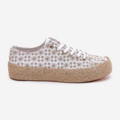 Wzorzyste Trampki Damskie Na Platformie Z Plecionką Lee Cooper LCW-25-08-3648L Biało-Złote białe. Białe trampki damskie bez wzorów, z materiału, bez zapięcia. Za 197.76 zł.