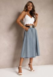 Niebieska Rozkloszowana Spódnica Jeansowa Midi z Paskiem Wendlla. Niebieskie spódnice damskie Renee, l, bez wzorów, z jeansu, midi. Za 159.99 zł.