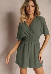 Ciemnozielony Kombinezon Kopertowy z Gumką w Pasie Fandrea. Zielone sukienki damskie Renee, bez wzorów, z jeansu, eleganckie, bez ramiączek. W wyprzedaży za 51.99 zł.