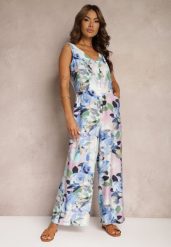 Niebieski Taliowany Kombinezon na Ramiączkach w Kwiatowy Wzór Ilvitela. Niebieskie sukienki damskie Renee, bez wzorów, eleganckie, bez ramiączek. W wyprzedaży za 83.99 zł.