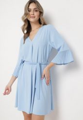 Niebieska Sukienka Mini z Paskiem w Talii i Plisowanymi Rękawami Urssalia. Niebieskie sukienki damskie Born2be, bez wzorów, eleganckie, bez ramiączek. Za 79.99 zł.