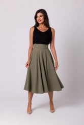 Rozkloszowana spódnica z wysokim stanem i kieszeniami khaki. Brązowe spódnice damskie Bewear, na lato, xl, bez wzorów, midi. Za 319.00 zł.